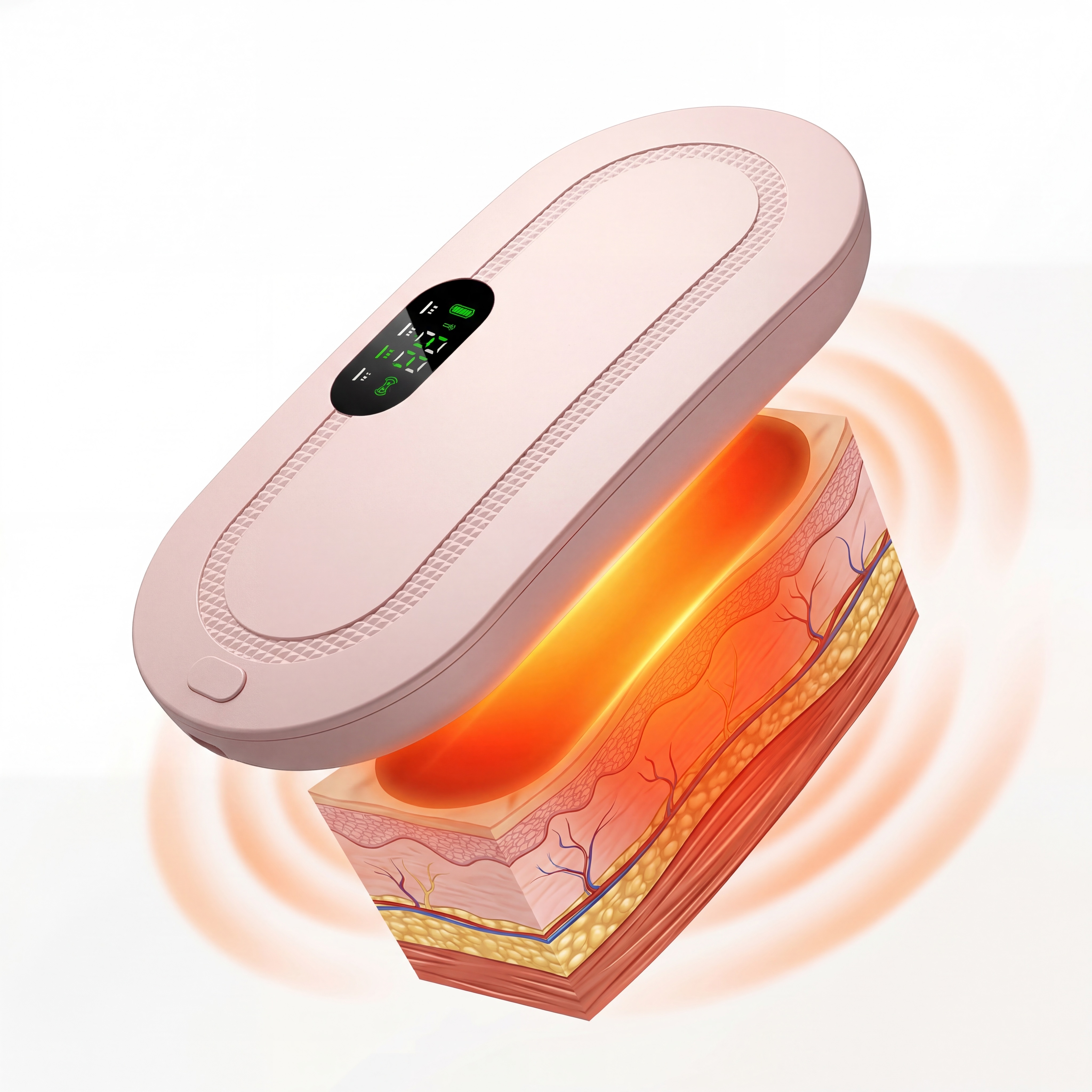 HerRelief far infrared heat technology cross-section showing deep tissue penetration