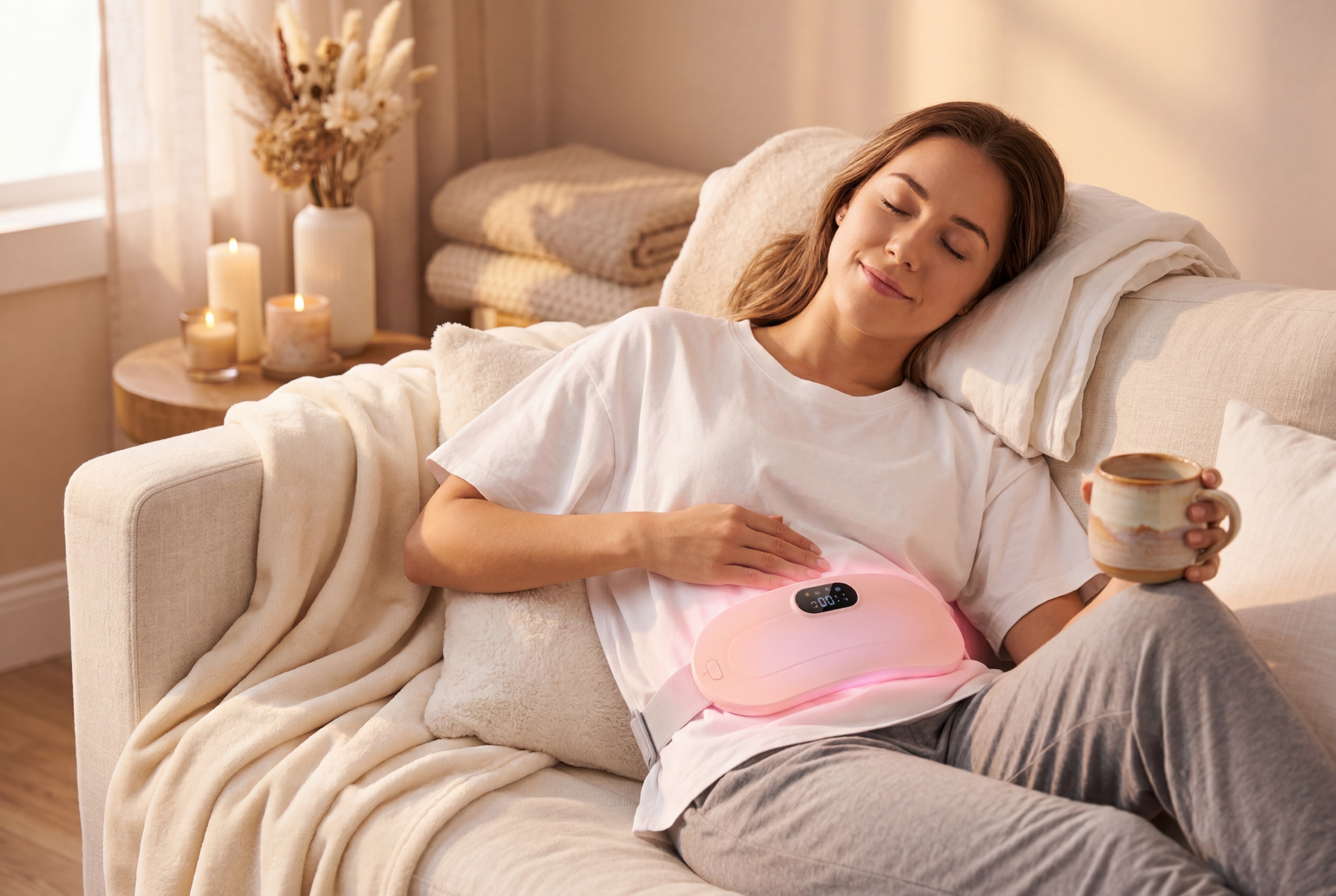 Woman relaxing on couch wearing HerRelief heating belt for period cramp relief