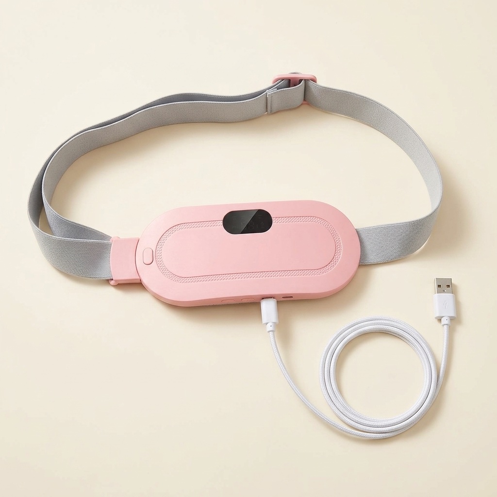 HerRelief heating belt with USB-C charging cable — real product photo