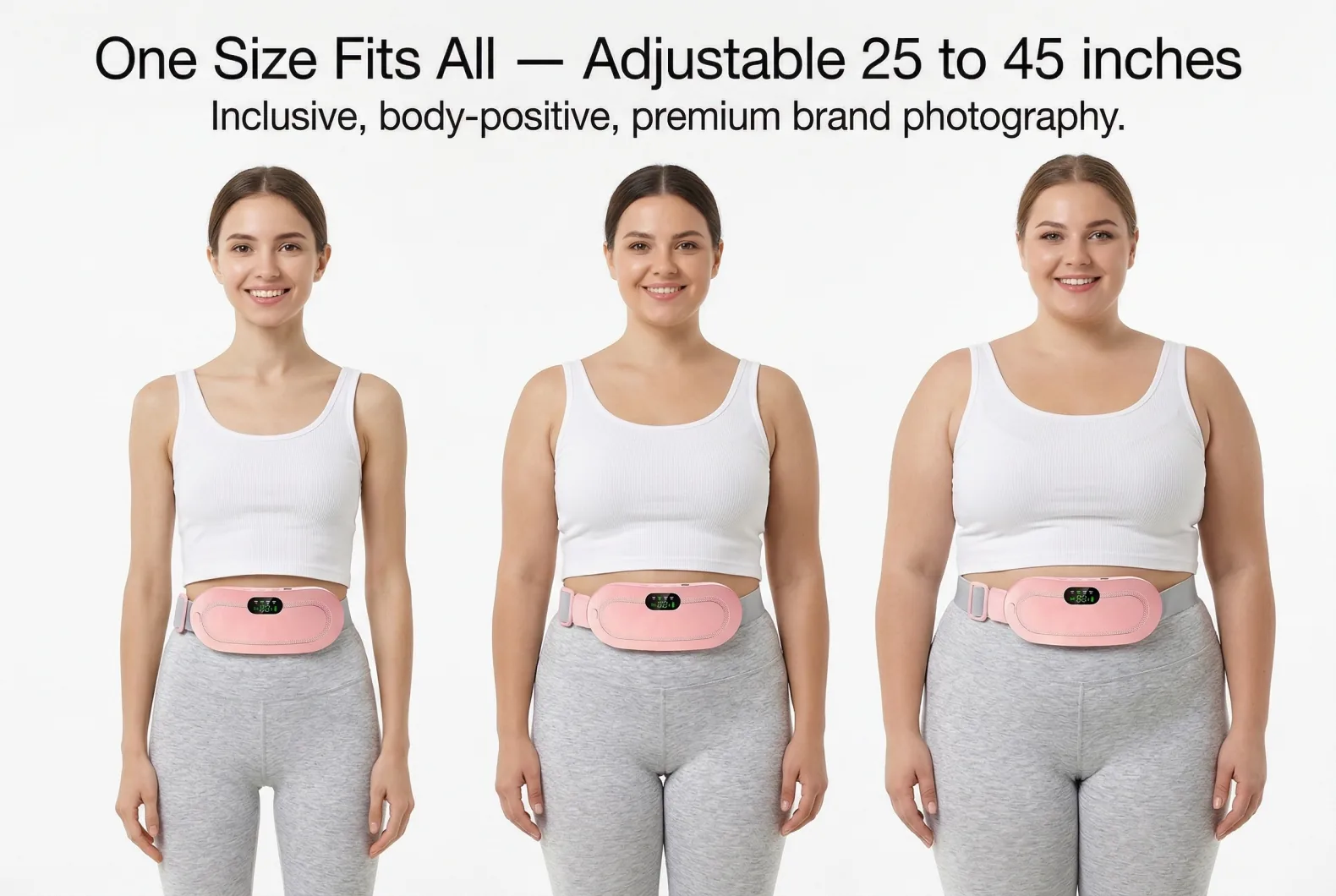 HerRelief heating belt shown on 3 different body types — petite, medium, and curvy — demonstrating adjustable fit