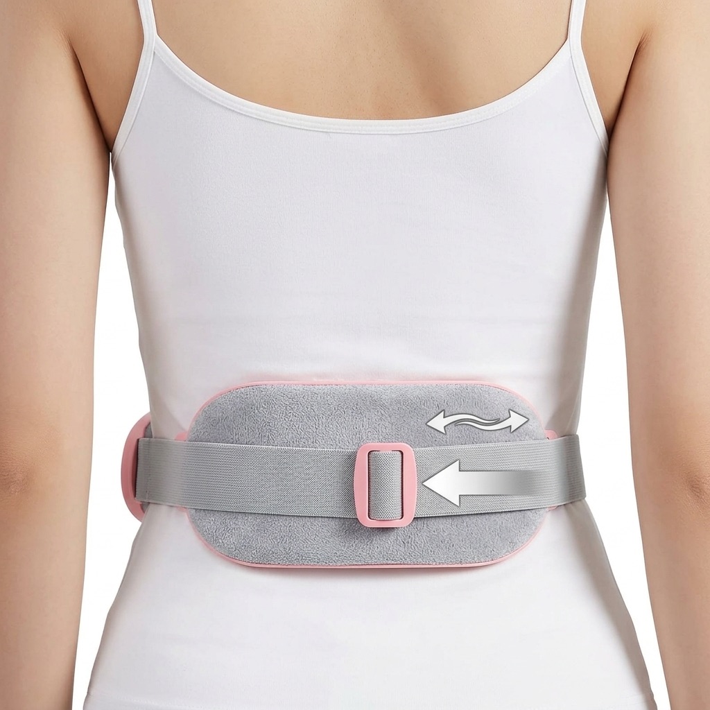 Adjustable grey strap with pink buckle fitting around waist