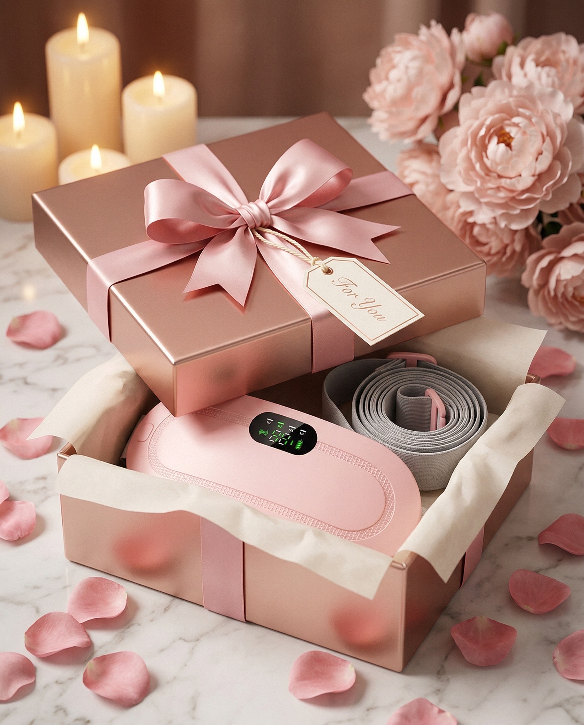 HerRelief heating belt in rose-gold gift box with ribbon — perfect Mother's Day gift