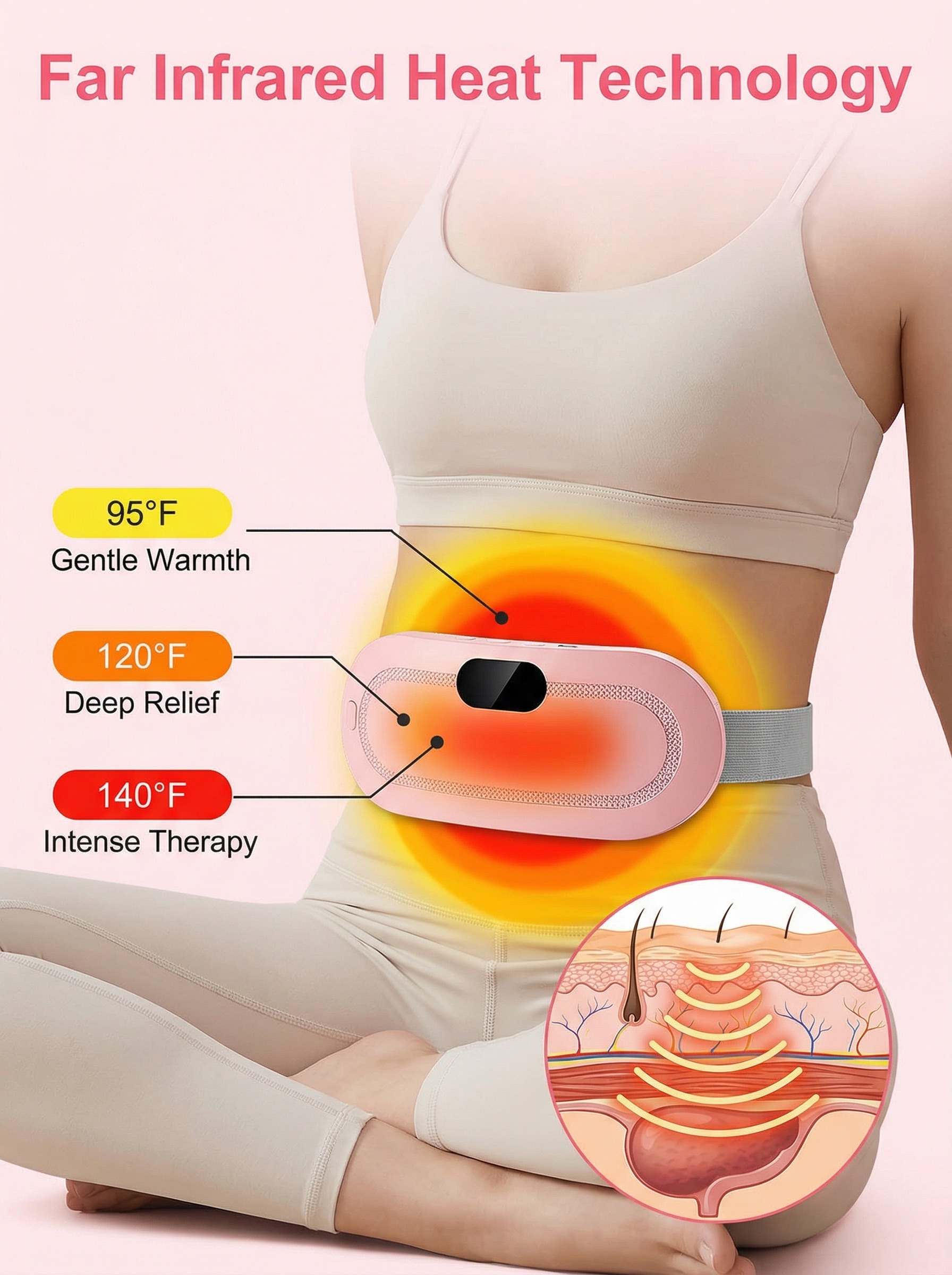 Far Infrared Heat Technology — showing 3 temperature zones penetrating into the body for deep cramp relief